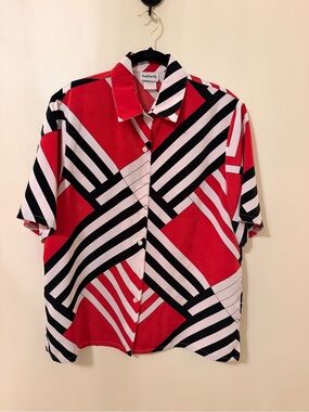 Vintage BonWorth Red Black White Geometric Mod Shirt Size L